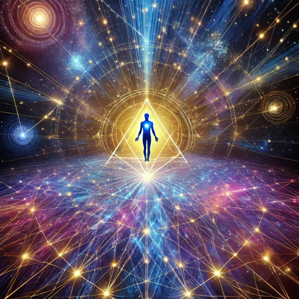 DALL·E 2024-12-10 10.49.47 - A cosmic web with highlighted, colorful lines radiating in vibrant hues of blue, purple, and gold, connecting the universe to a central human figure.